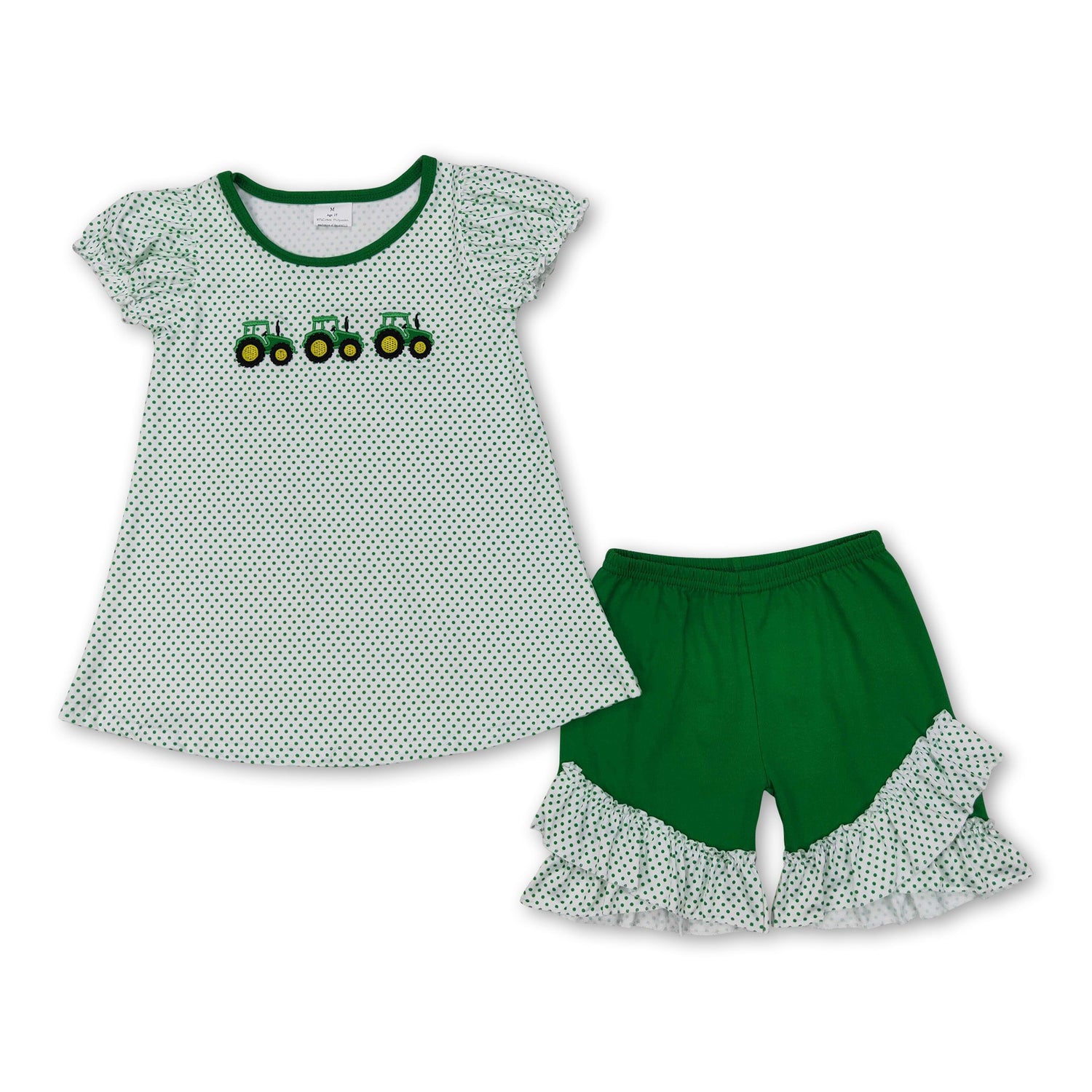 Green polka dots tractor top ruffle shorts farm girls outfits