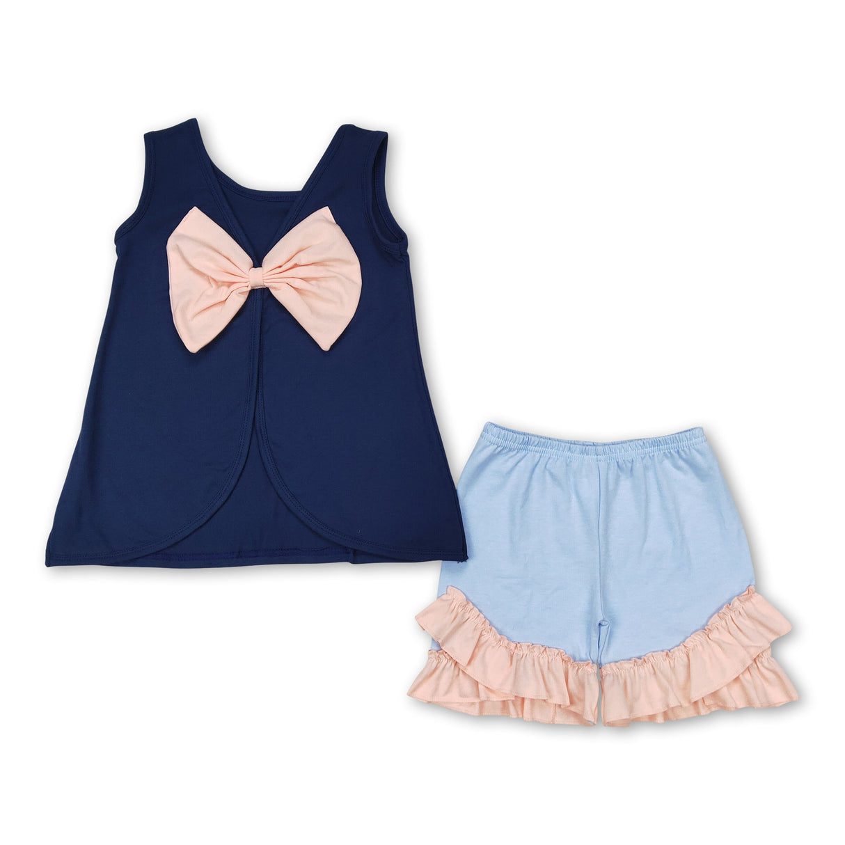 Pink bow sleeveless navy tunic shorts girls outfits