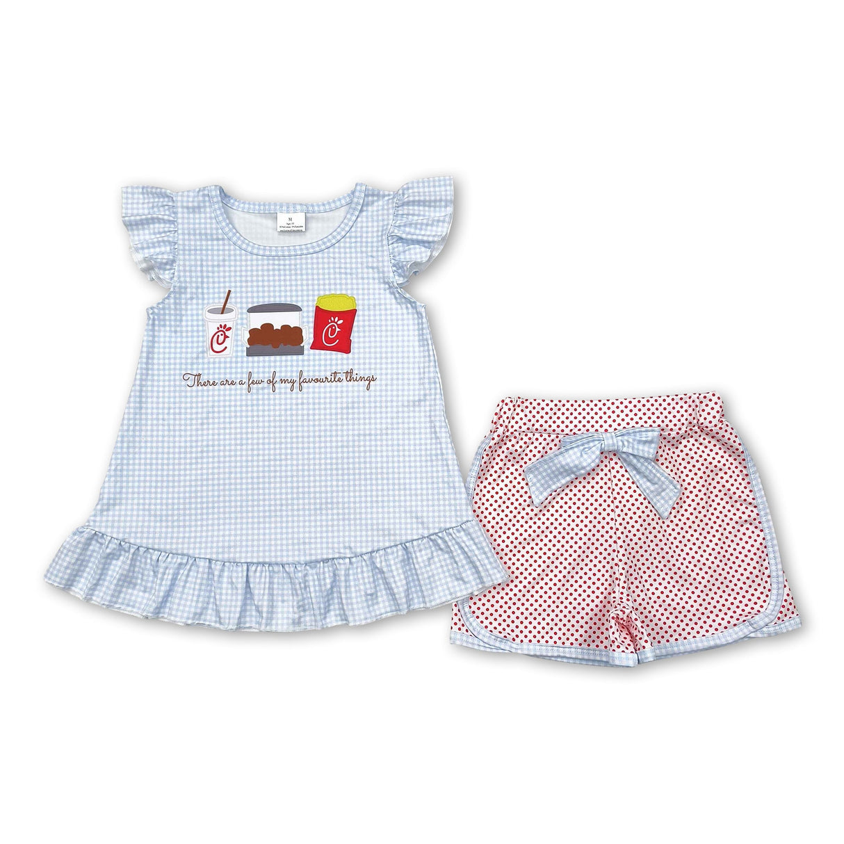 Flutter sleeves plaid fries top polka dots shorts girls clothes