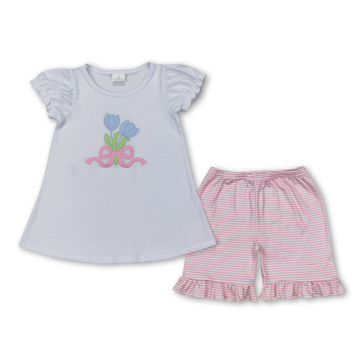 White short sleeves tulip top pink stripe shorts girls clothes