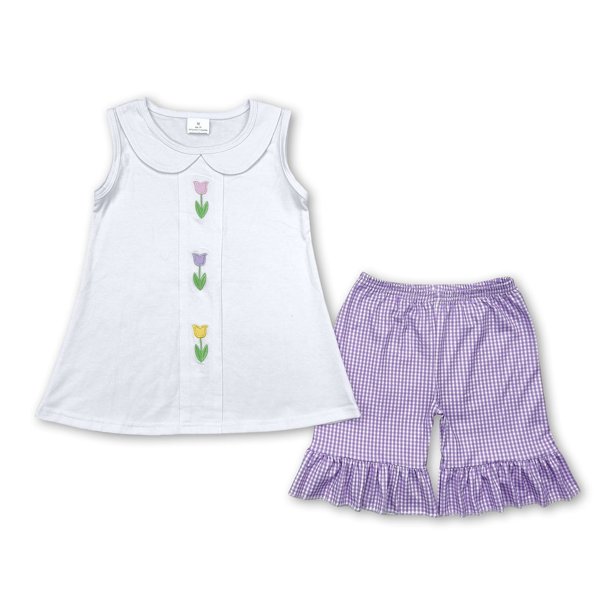 White sleeveless tulip top purple plaid shorts girls clothes