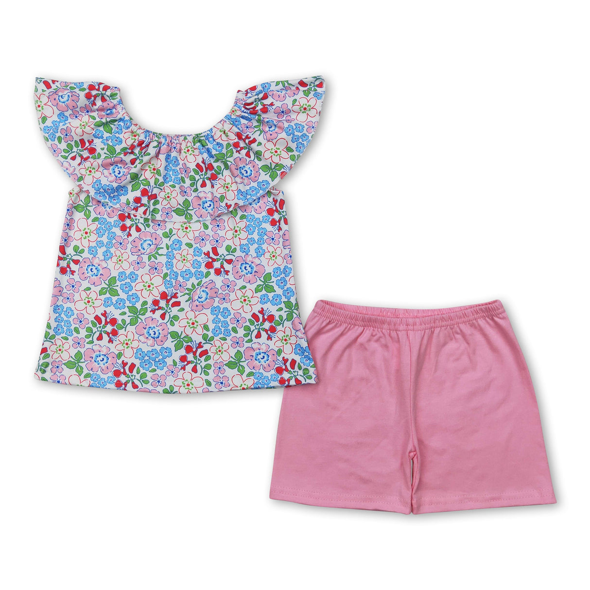 Floral ruffle top pink cotton shorts girls summer outfits