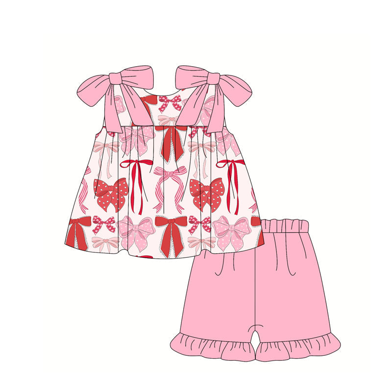 Pink straps heart bow tunic ruffle shorts girls clothes