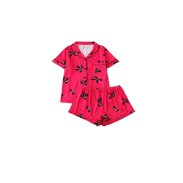 Short sleeves bows pocket kids girls button down pajamas