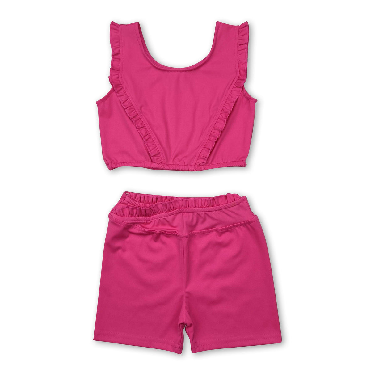 Hot pink ruffle crop top shorts girls yoga outfits