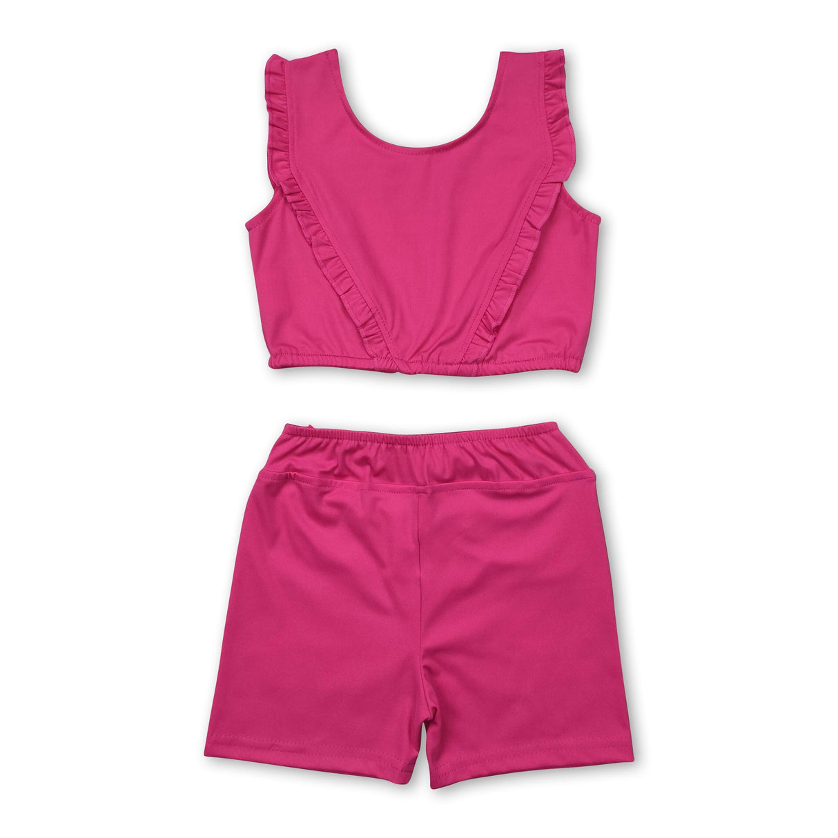Hot pink ruffle crop top shorts girls yoga outfits