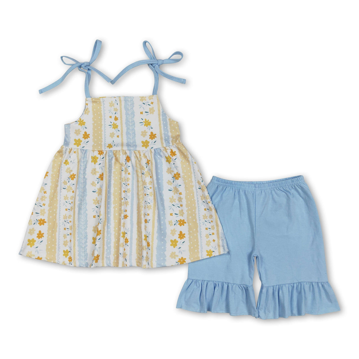 Straps yellow floral tunic ruffle shorts girls clothing