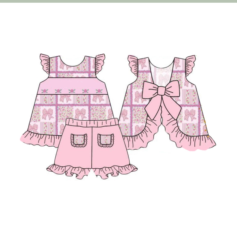 Flutter sleeves bow floral patchwork girls summer outfits