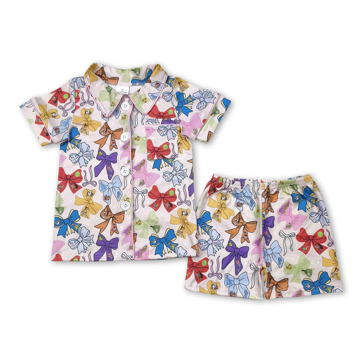 Short sleeves princess bow kids girls button down pajamas