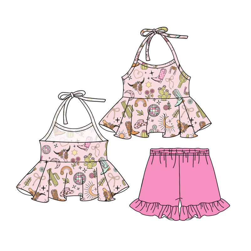 Boots bow cactus halter top shorts western girls pajamas