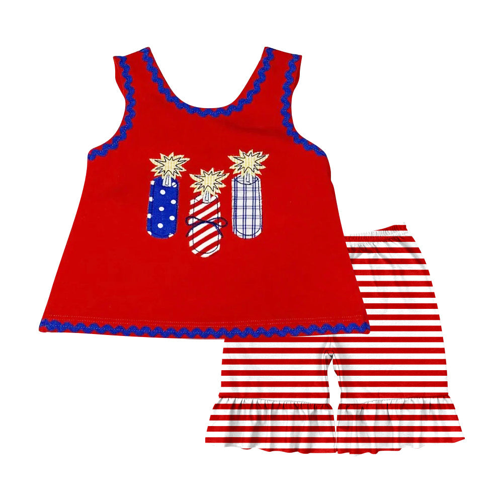 Red firework top stripe shorts kids girls 4th of july clothes