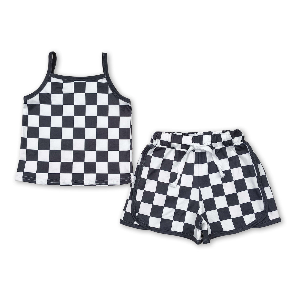 Straps black plaid top shorts kids girls outfits