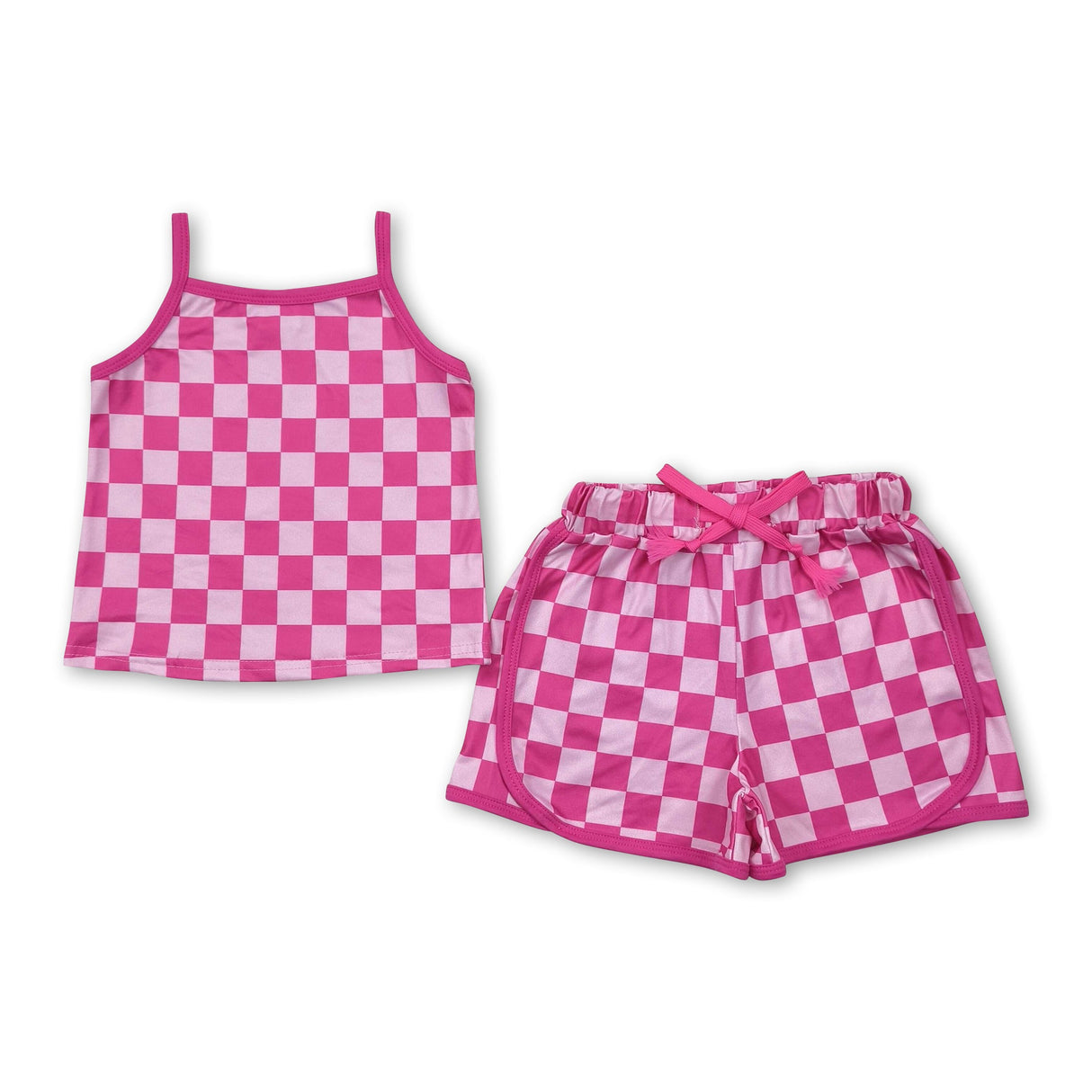 Straps pink plaid top shorts kids girls outfits