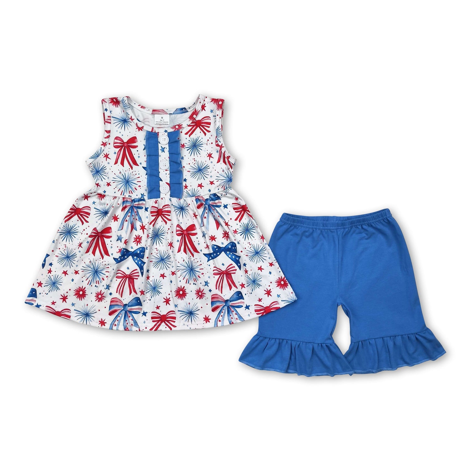 Sleeveless blue red bow tunic shorts girls 4th of july outfits