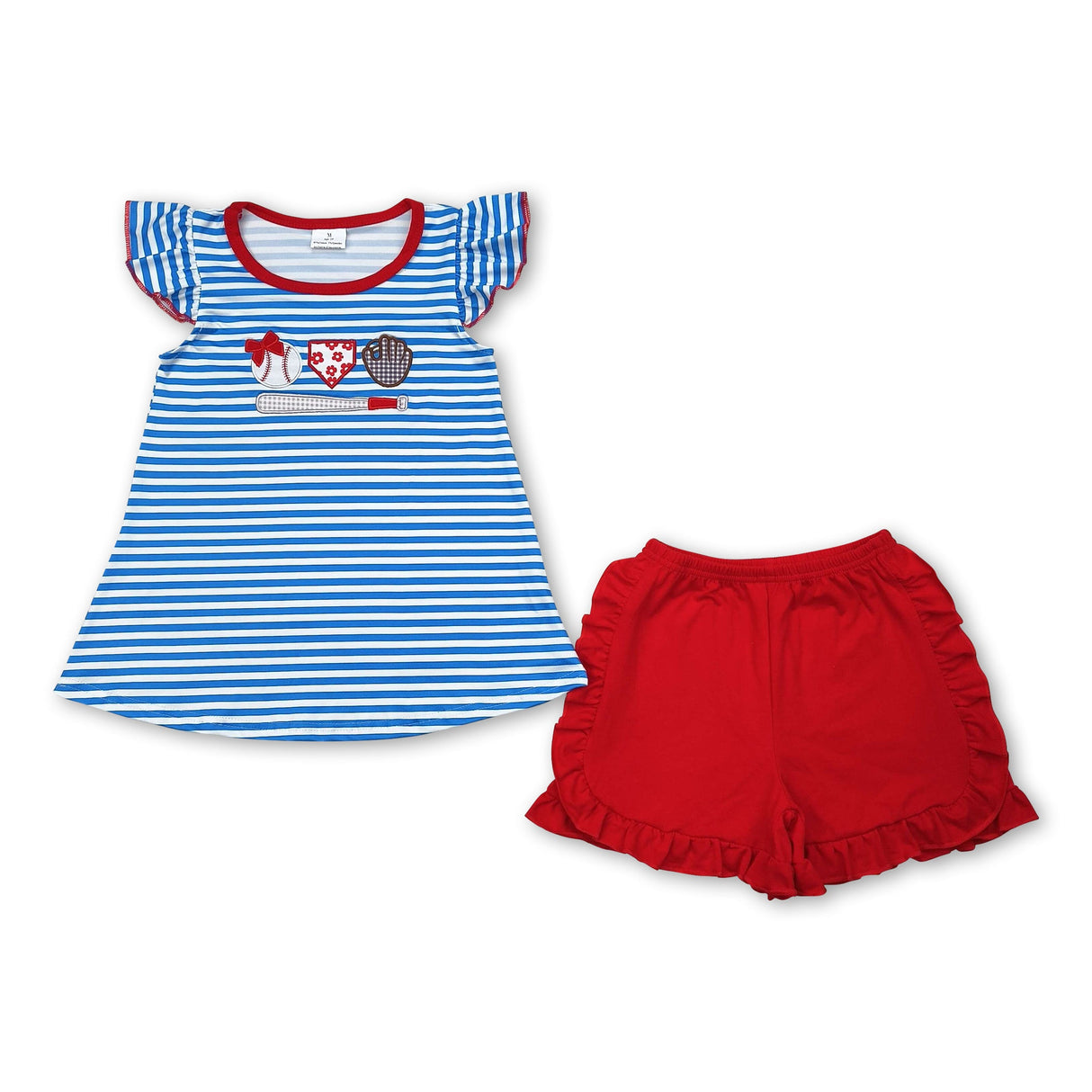 Blue stripe baseball top red ruffle shorts girls clothes