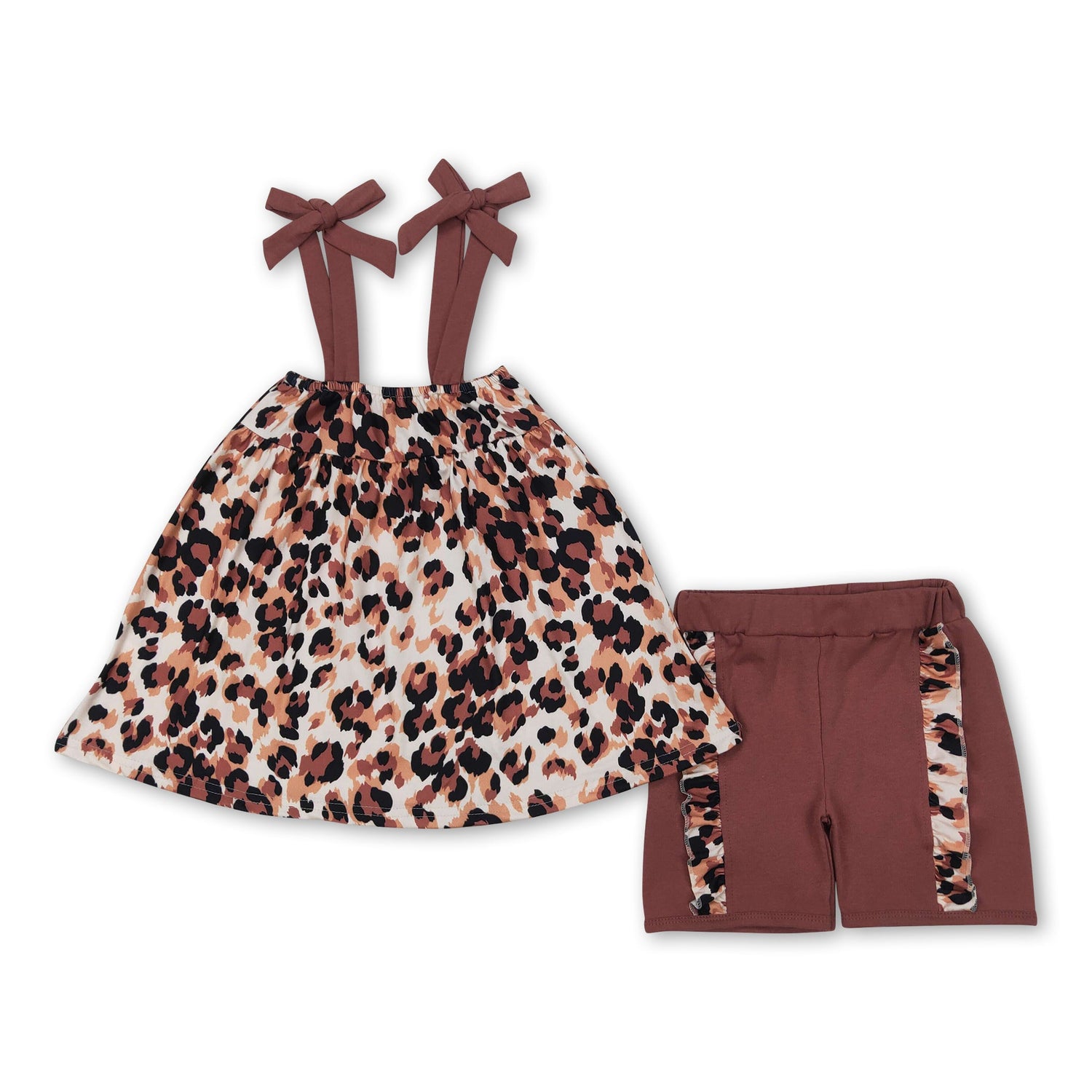 Brown straps leopard tunic ruffle shorts girls clothes