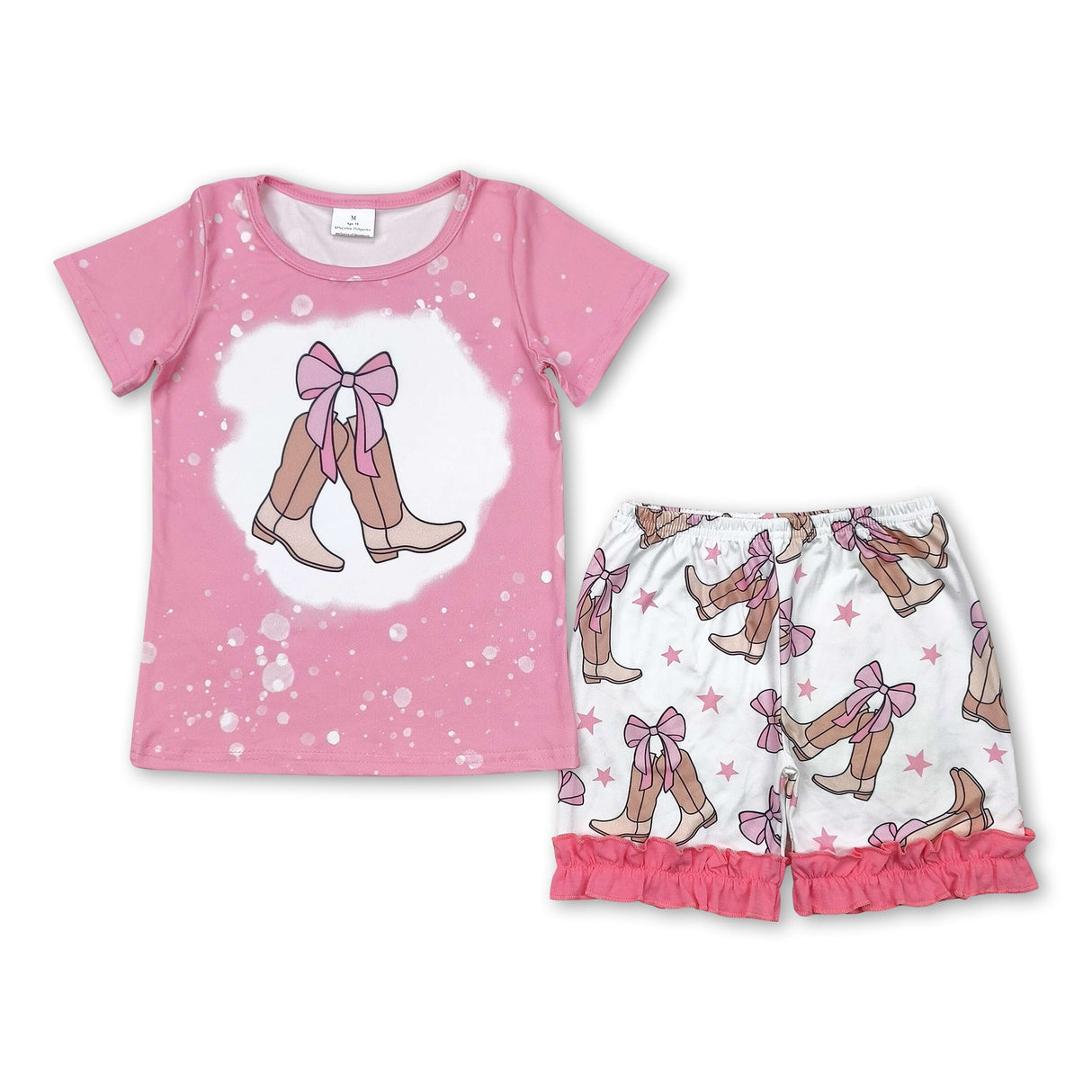 Pink bleached boots bow top ruffle shorts girls clothes