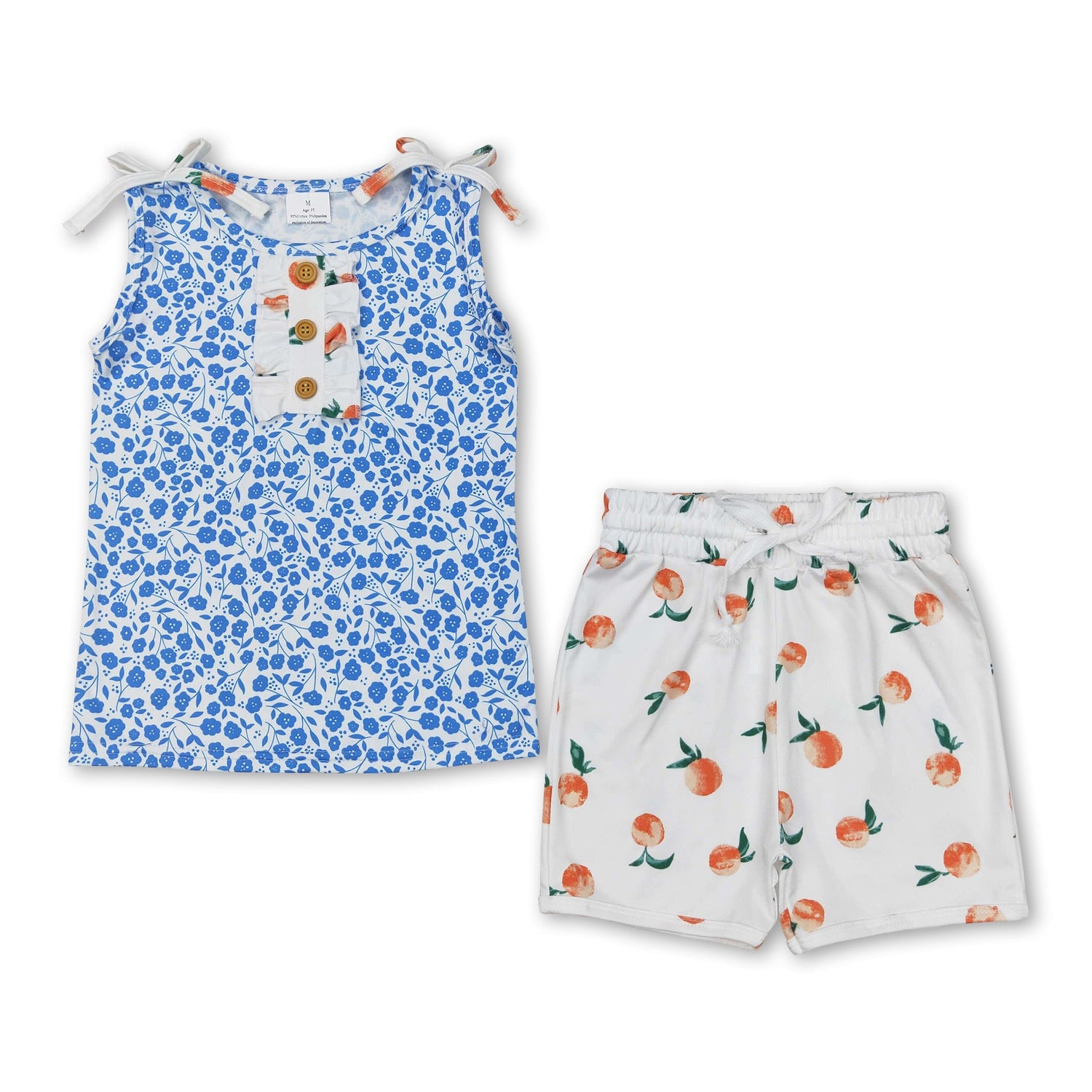 Sleeveless blue floral top peach shorts girls clothing set