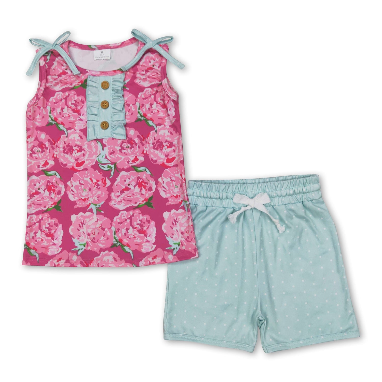 Sleeveless pink floral top cotton shorts girls clothing set