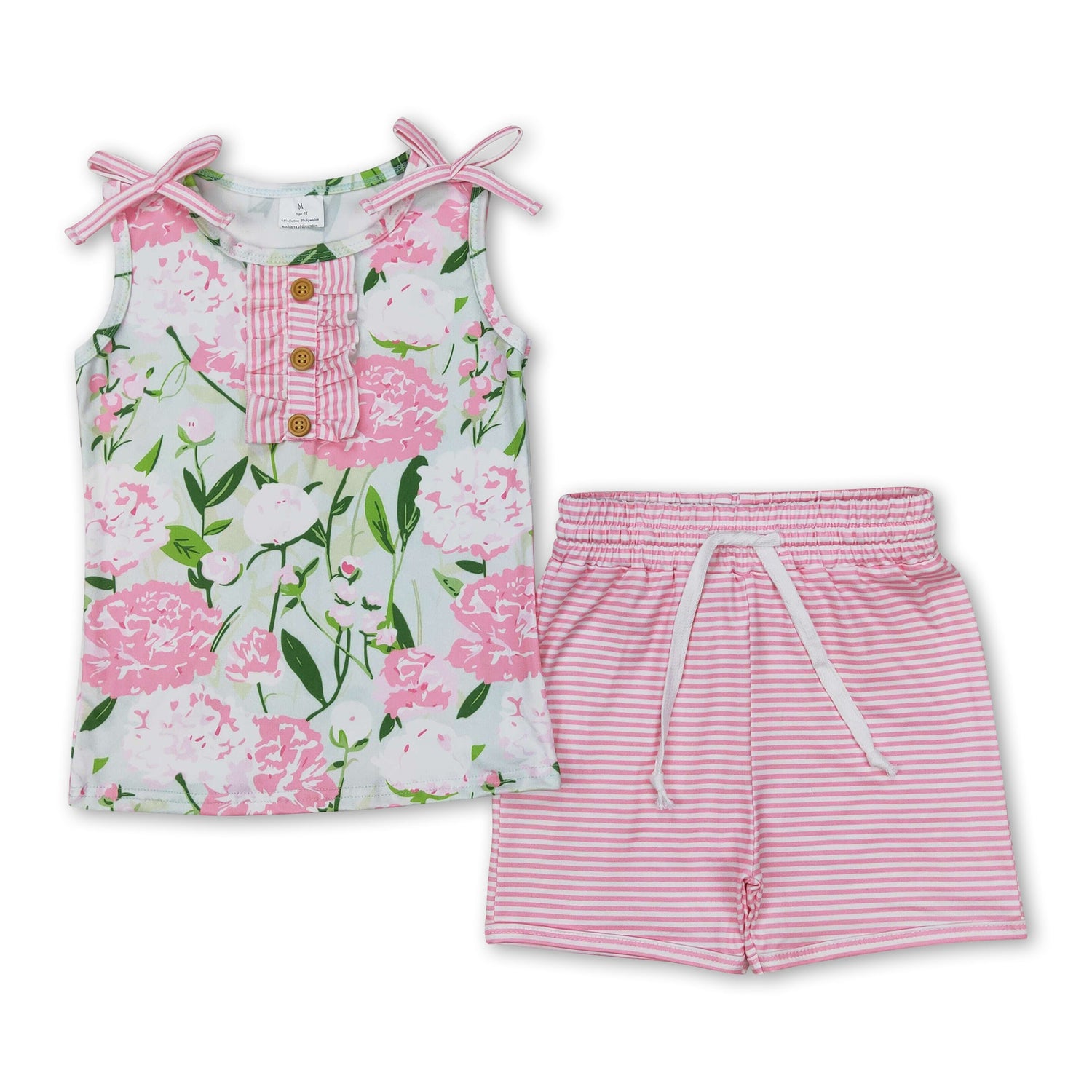 Sleeveless pink floral top stripe shorts girls clothing set