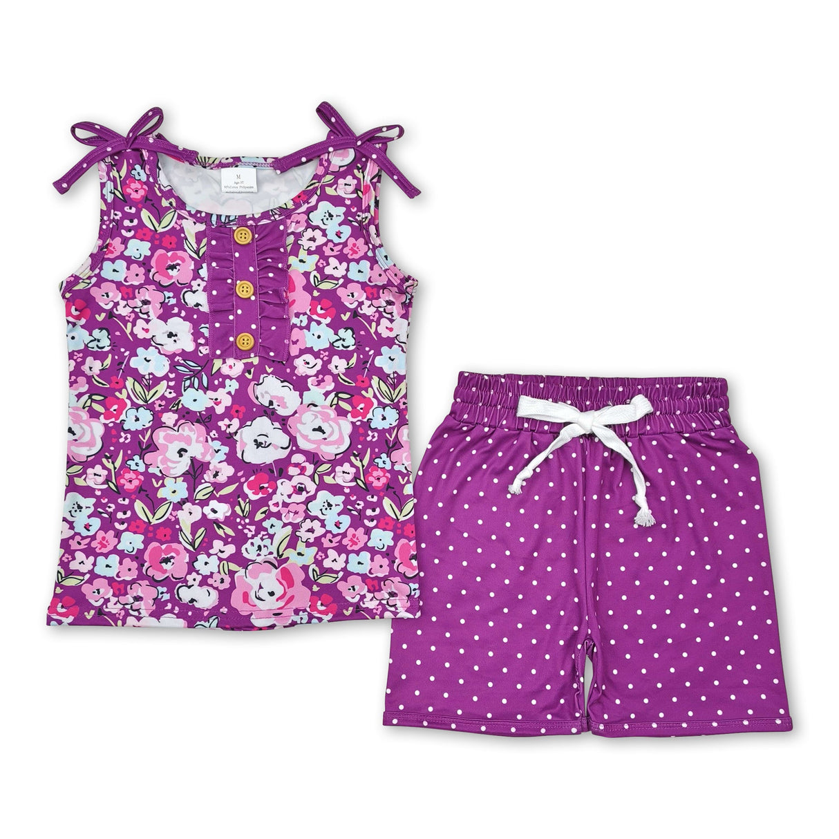 Sleeveless purple floral top polka dots shorts girls clothes