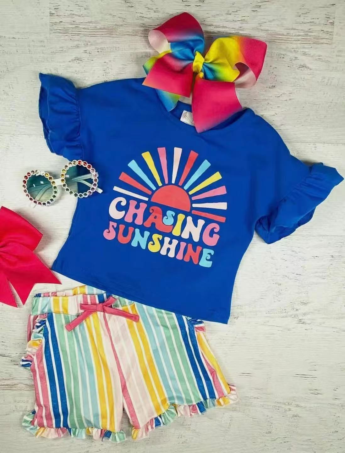 Chasing sunshine top rainbow stripe shorts girls clothes