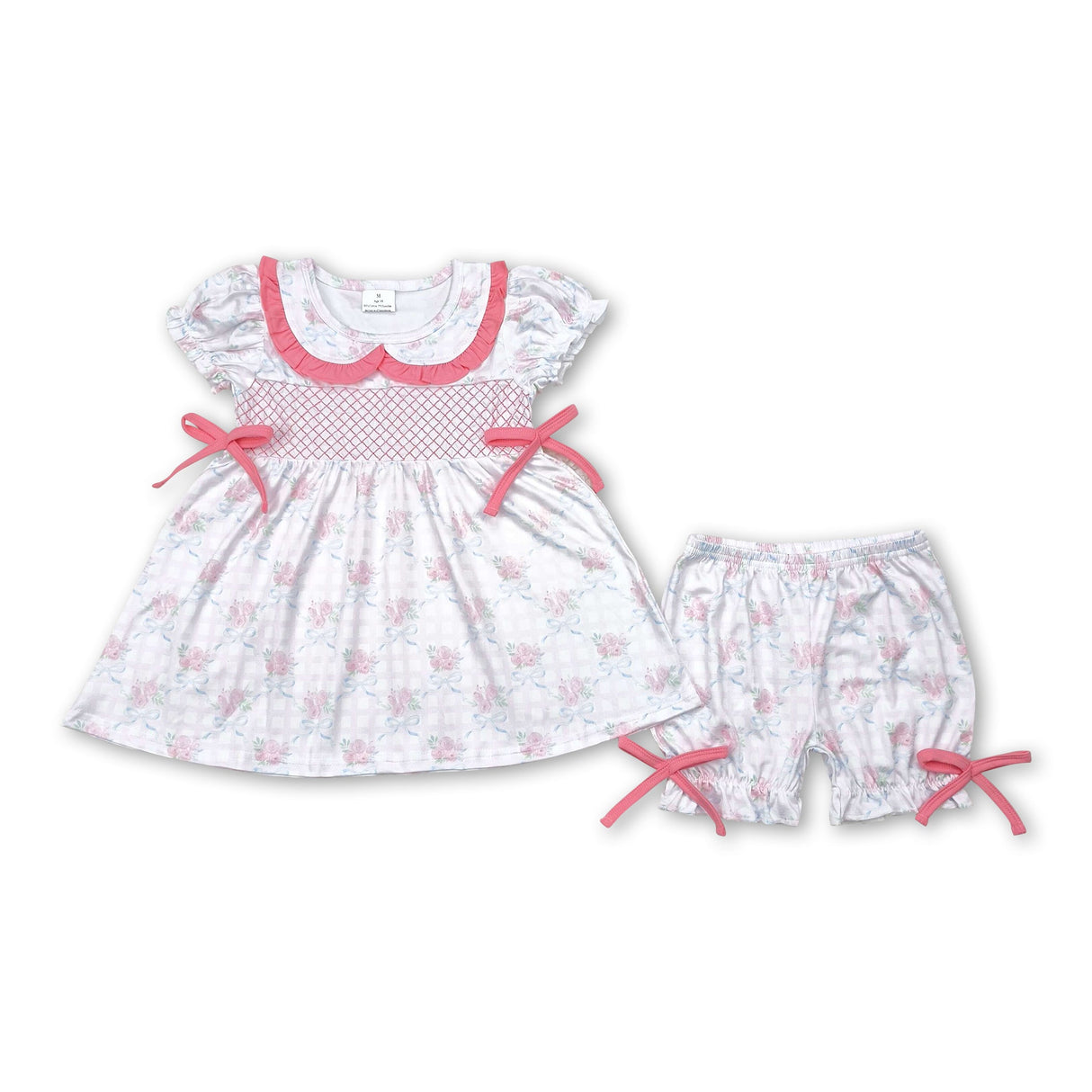 Short sleeves floral plaid bow tunic shorts girls clothes