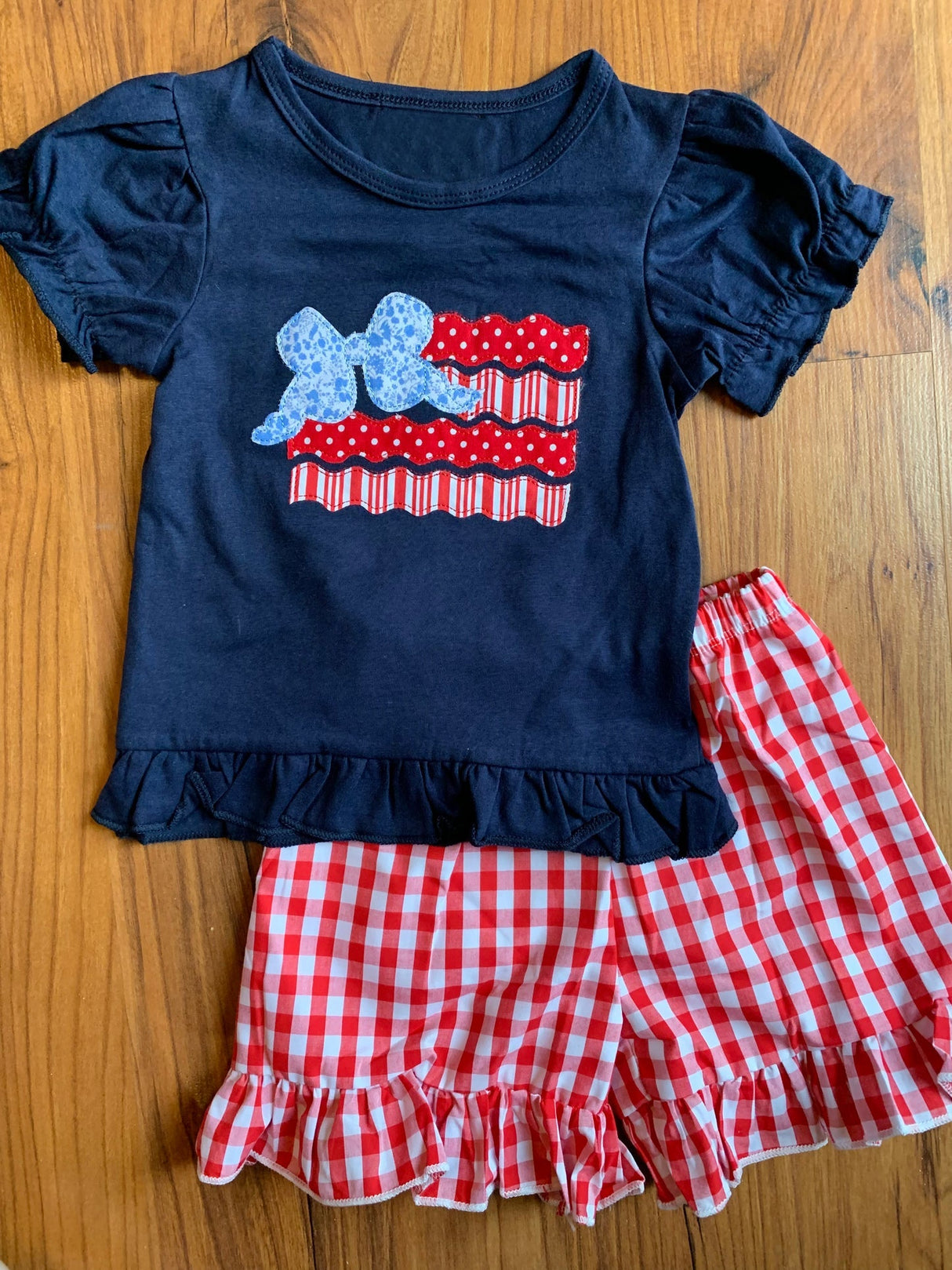 Floral bow flag top plaid shorts girls 4th of july outfits