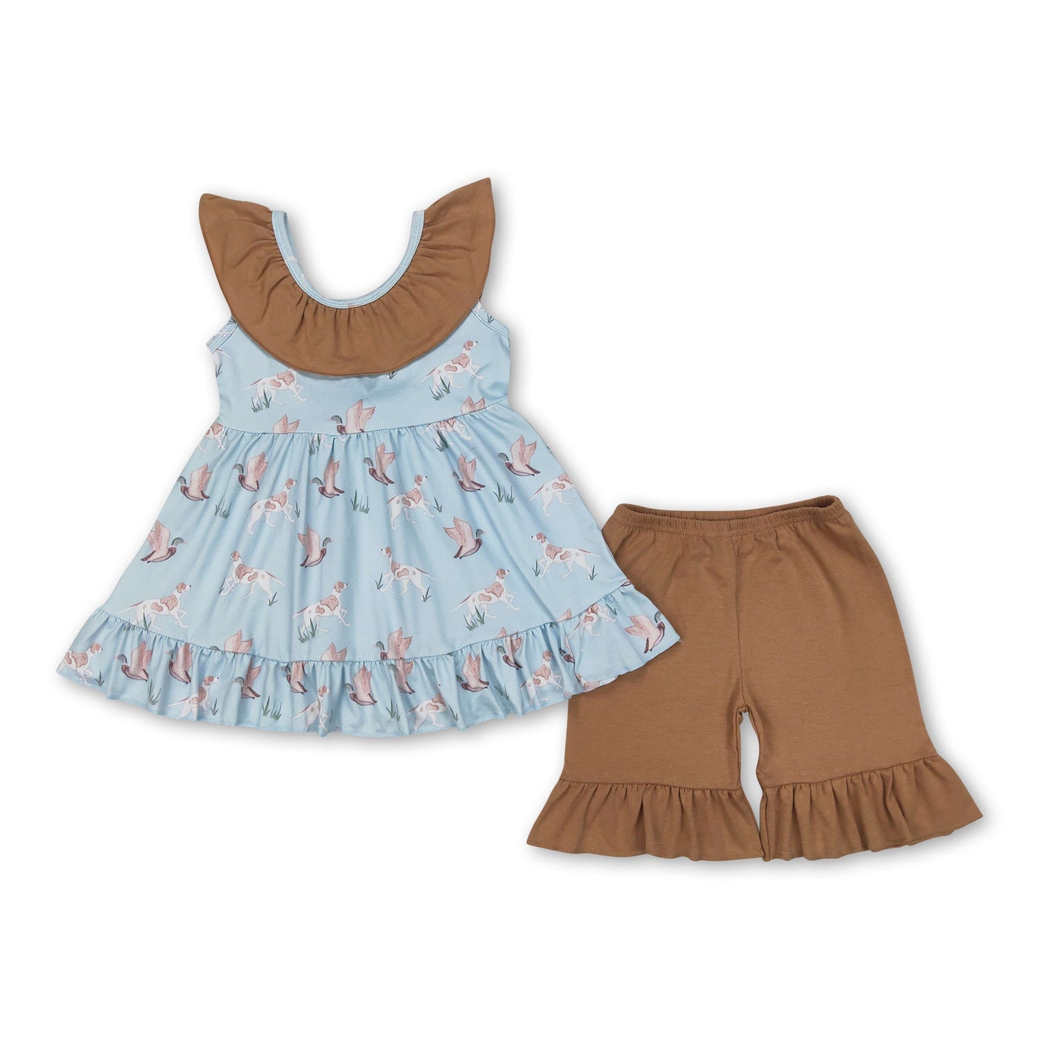 Khaki ruffle duck dog tunic shorts kids girls hunting outfits