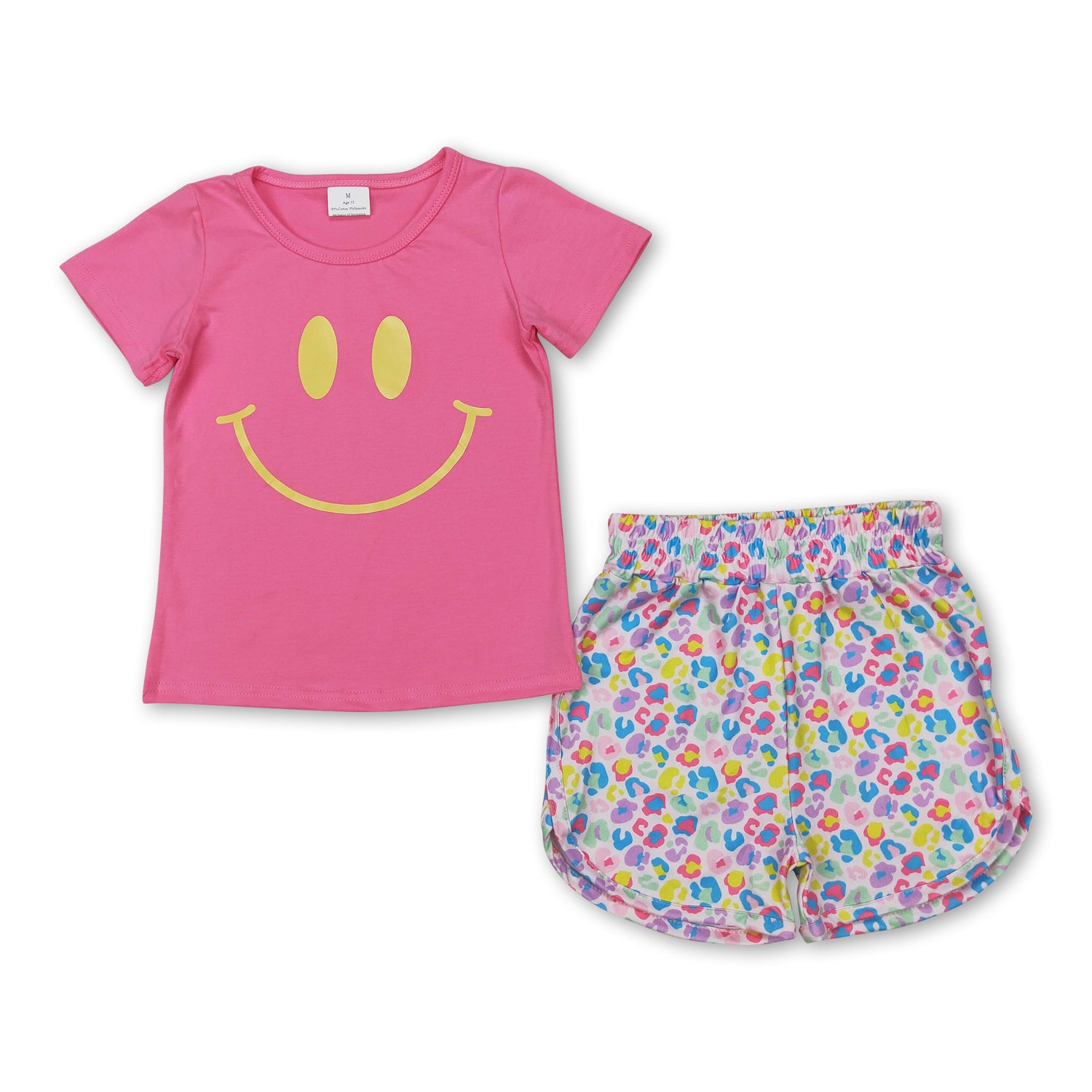 Pink smile top colorful leopard shorts girls summer outfits