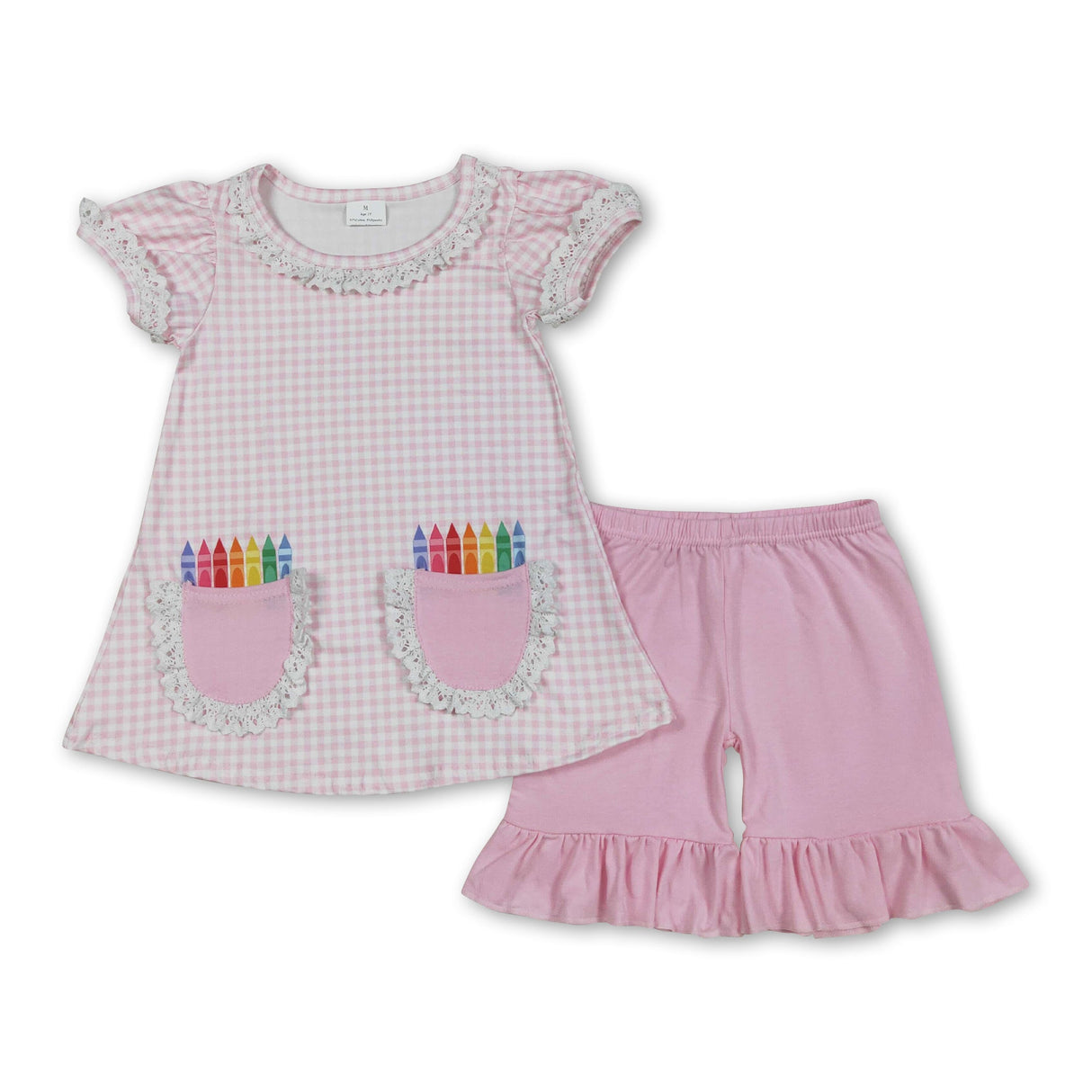 Pink plaid crayon top shorts girls back to school outfits