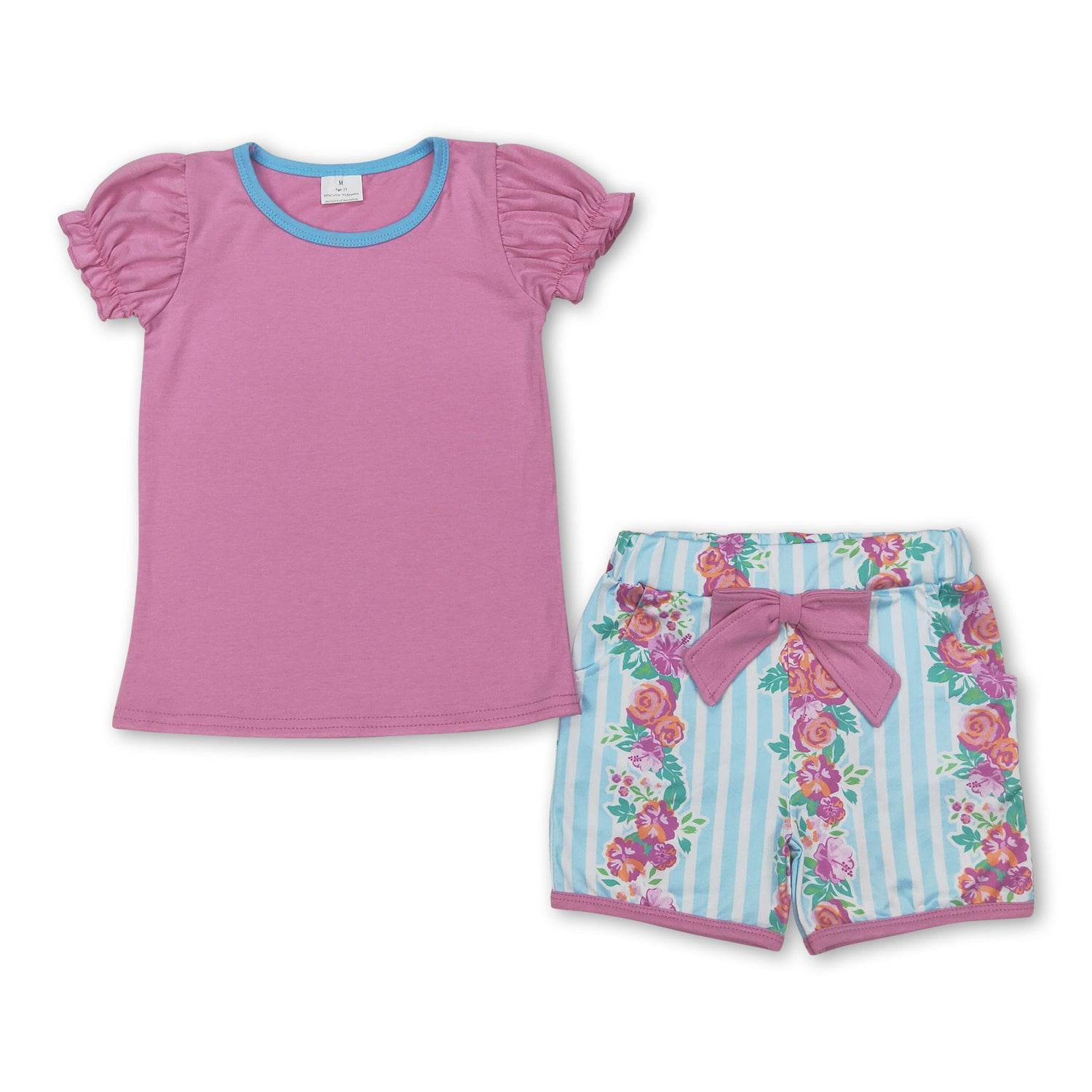 Short sleeves pink top floral shorts kids girls outfits