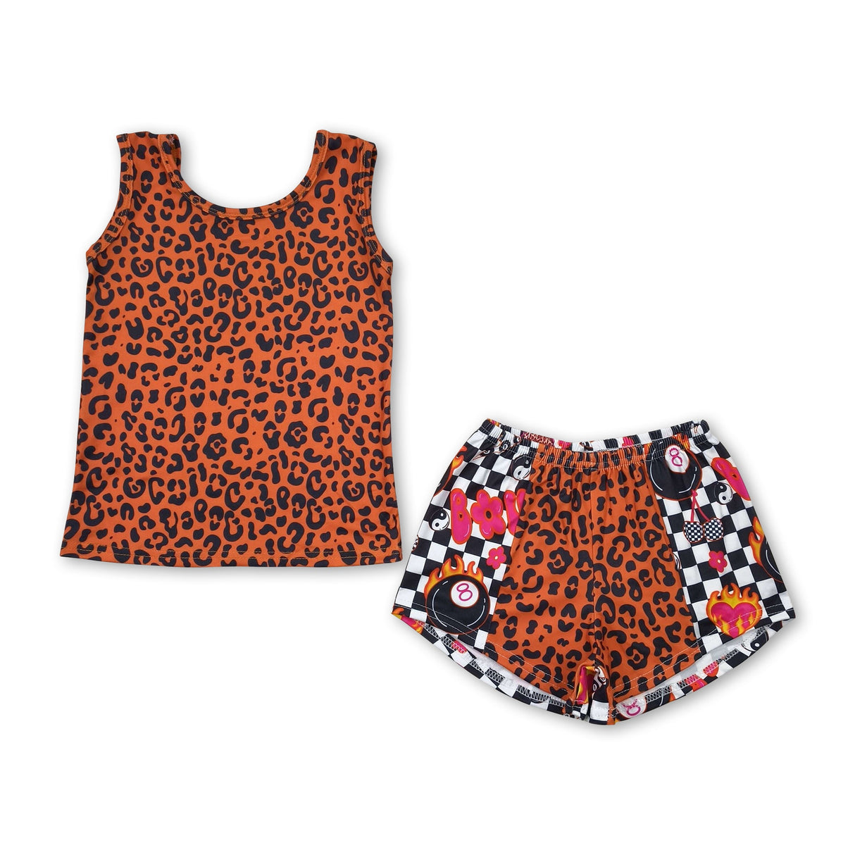 Sleeveless leopard top plaid patchwork shorts girls clothes