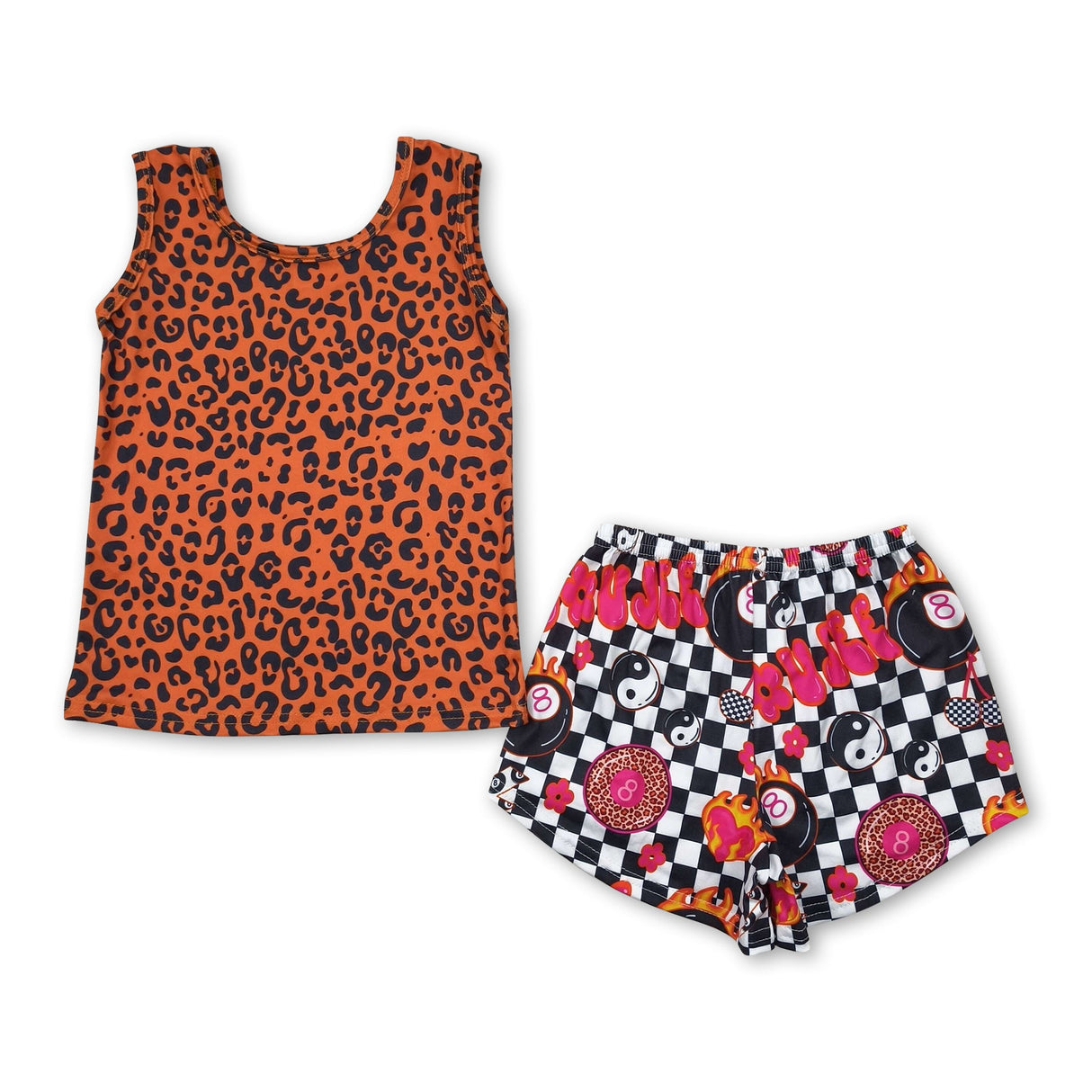 Sleeveless leopard top plaid patchwork shorts girls clothes