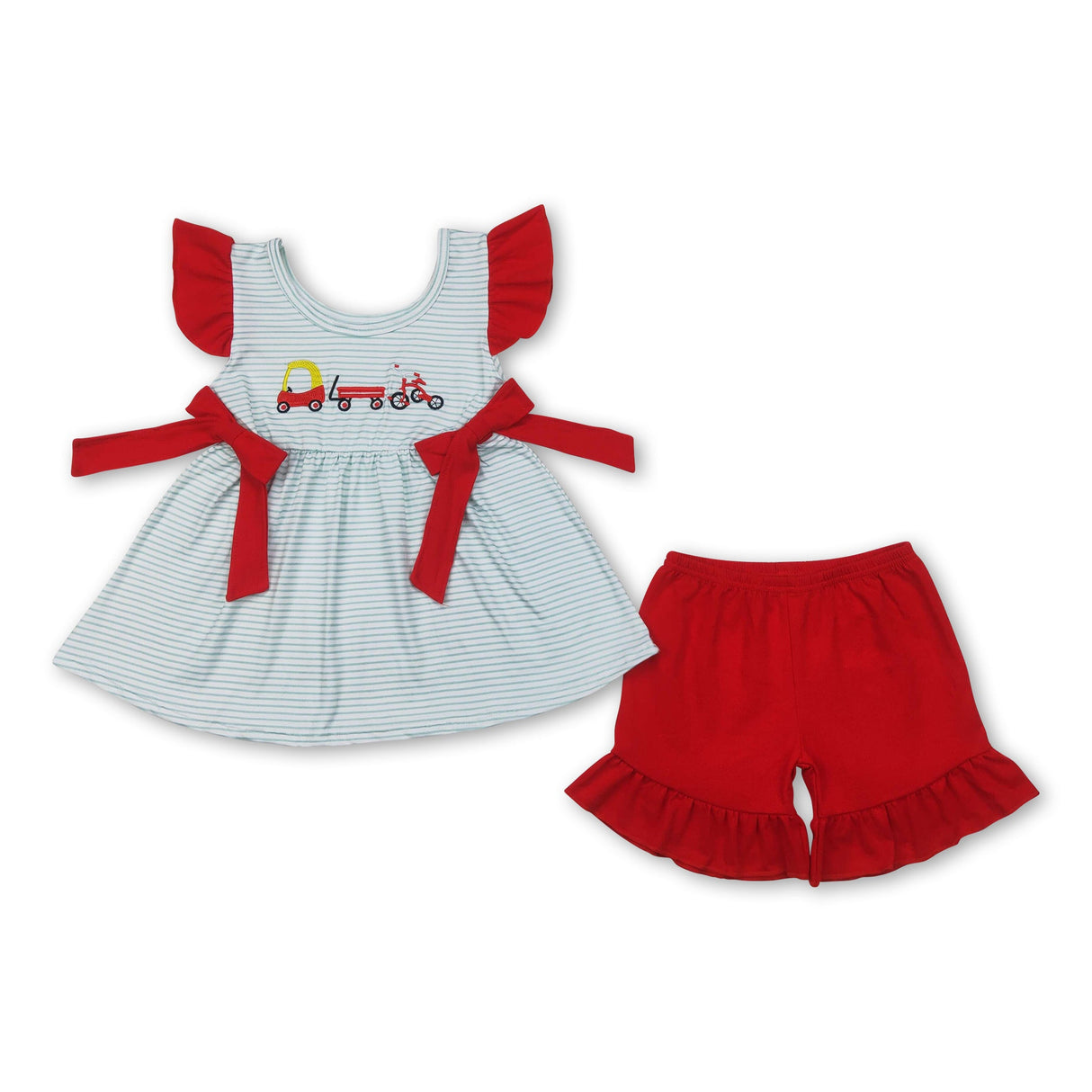 Stripe cars tunic ruffle shorts kids girls clothing set