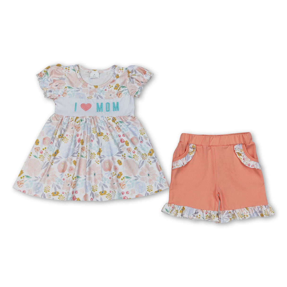 Short sleeves I love MOM floral tunic shorts girls clothes