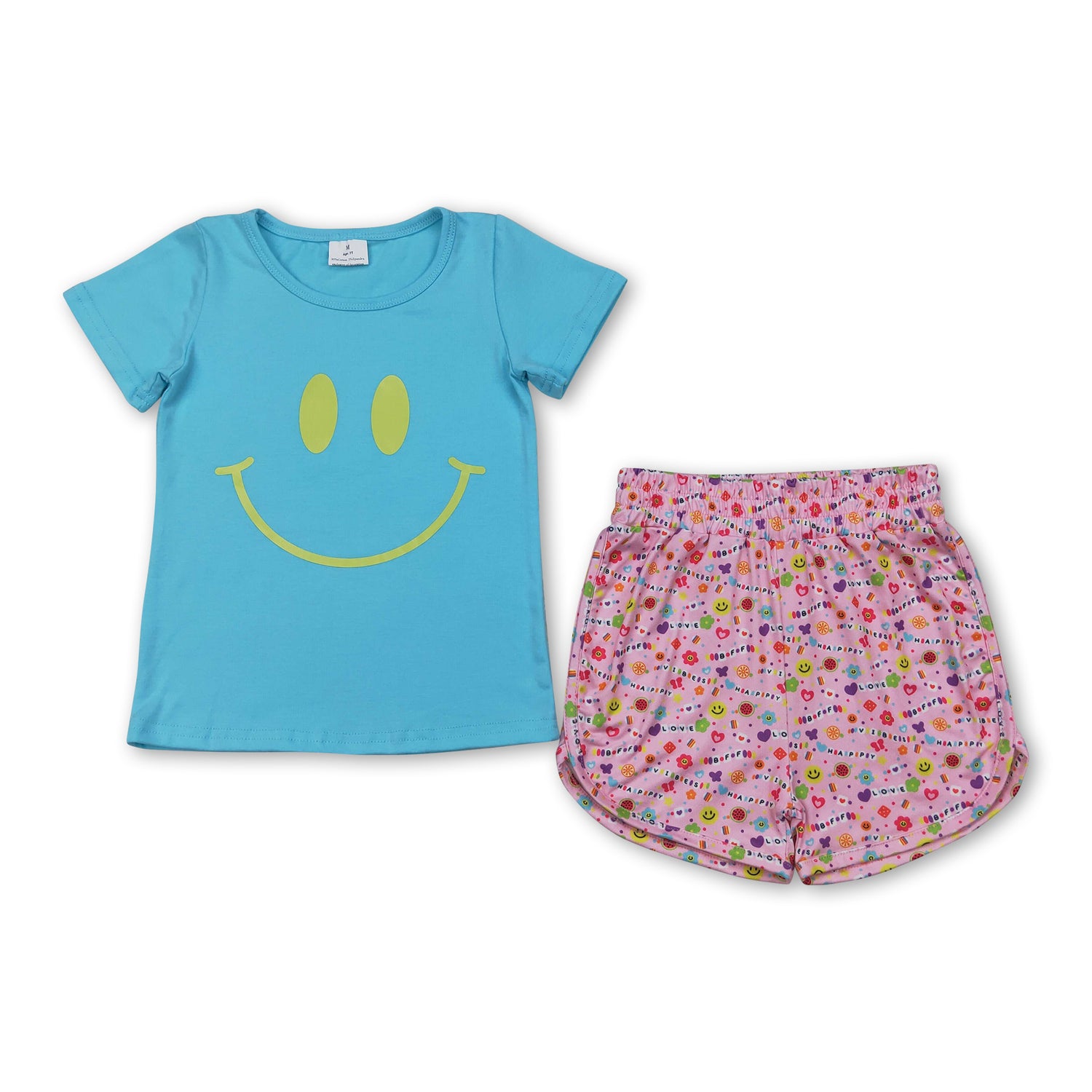 Aqua short sleeves smile top pink shorts girls clothes