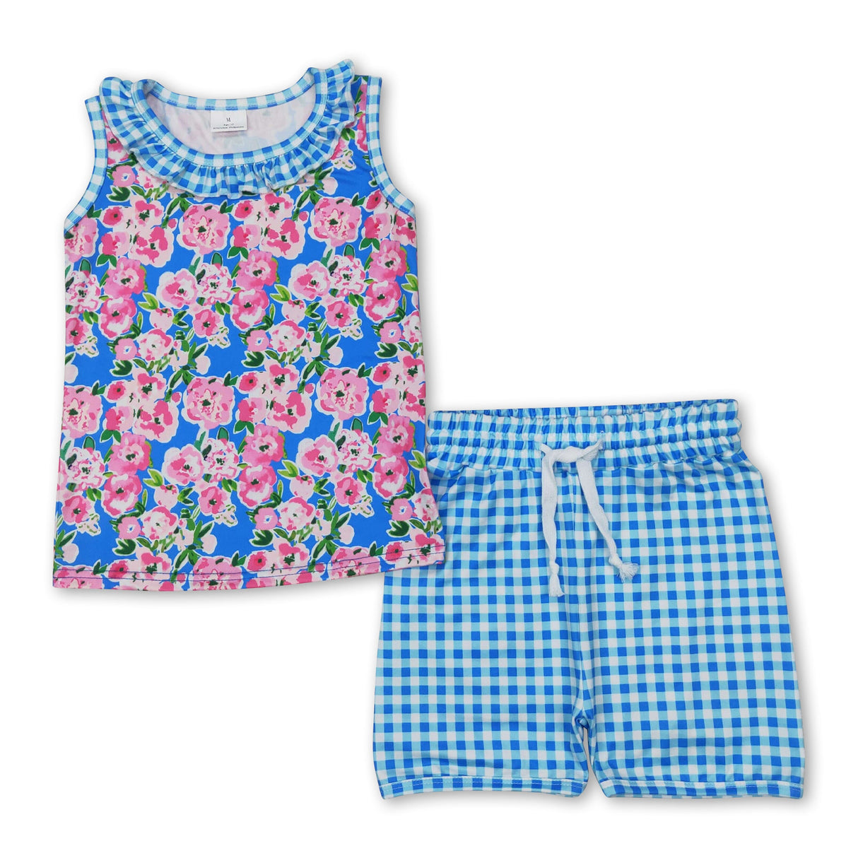 Sleeveless floral top blue plaid shorts girls summer clothes