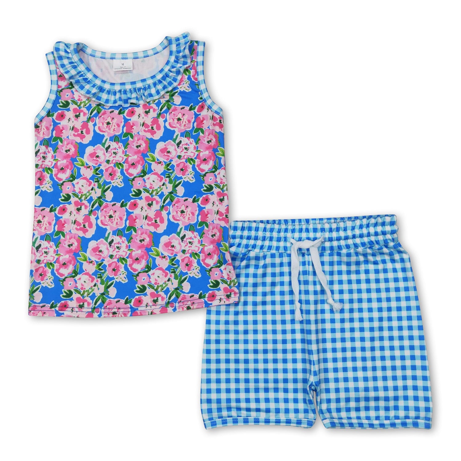 Sleeveless floral top blue plaid shorts girls summer clothes