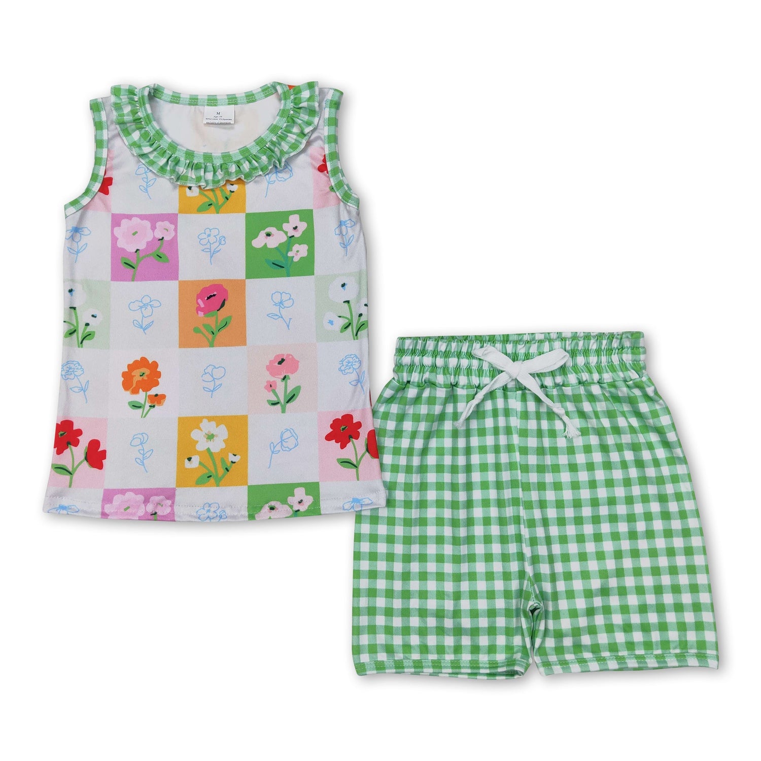 Sleeveless floral top green plaid shorts girls summer clothes