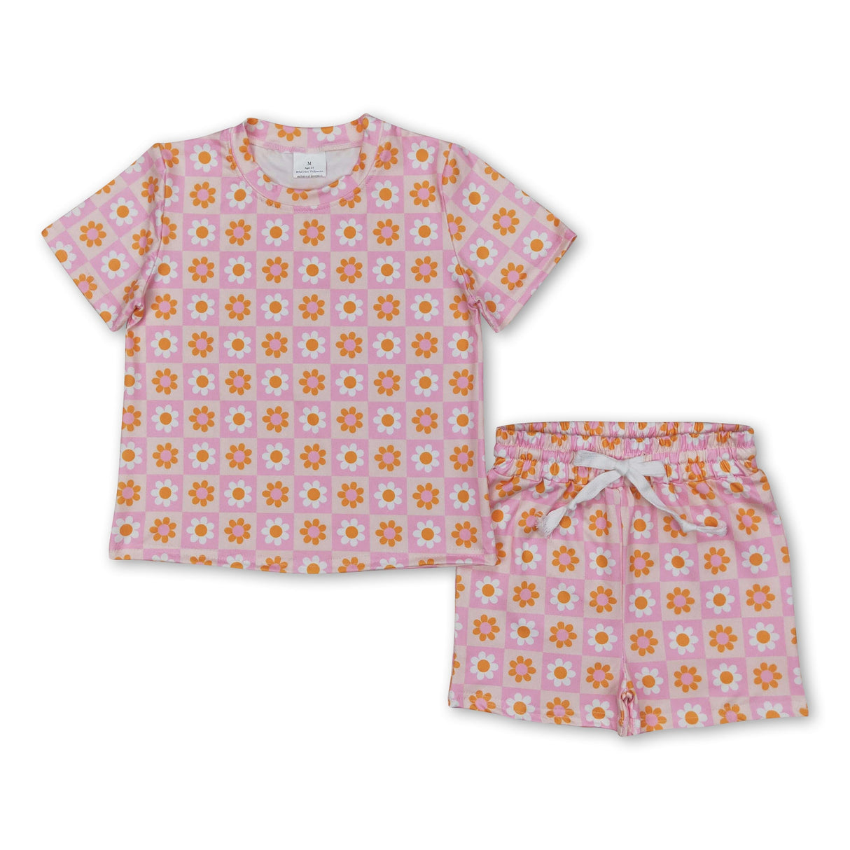 Pink floral plaid top shorts kids girls summer clothes