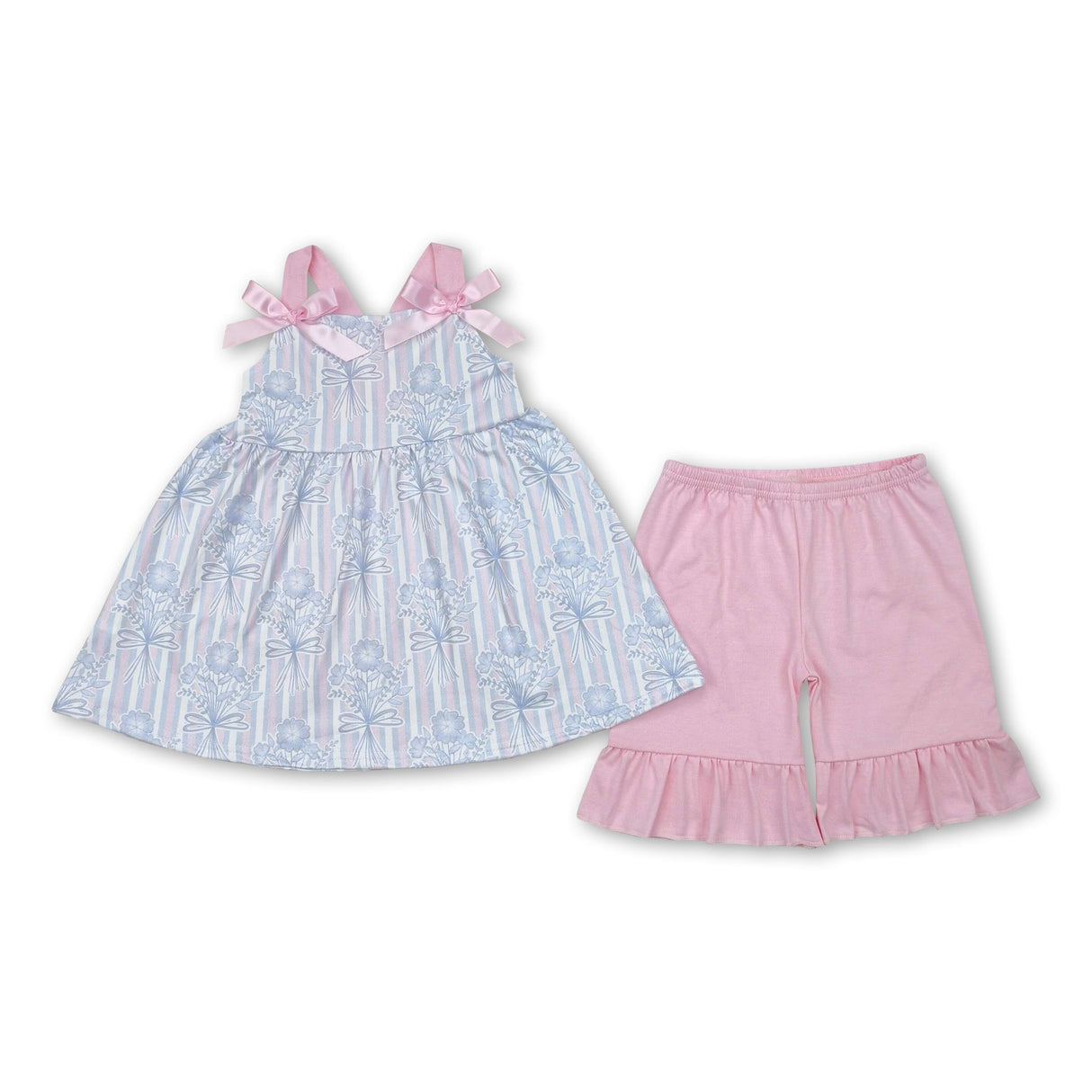 Straps stripe floral tunic ruffle shorts girls outfits