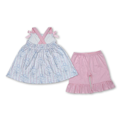 Straps stripe floral tunic ruffle shorts girls outfits