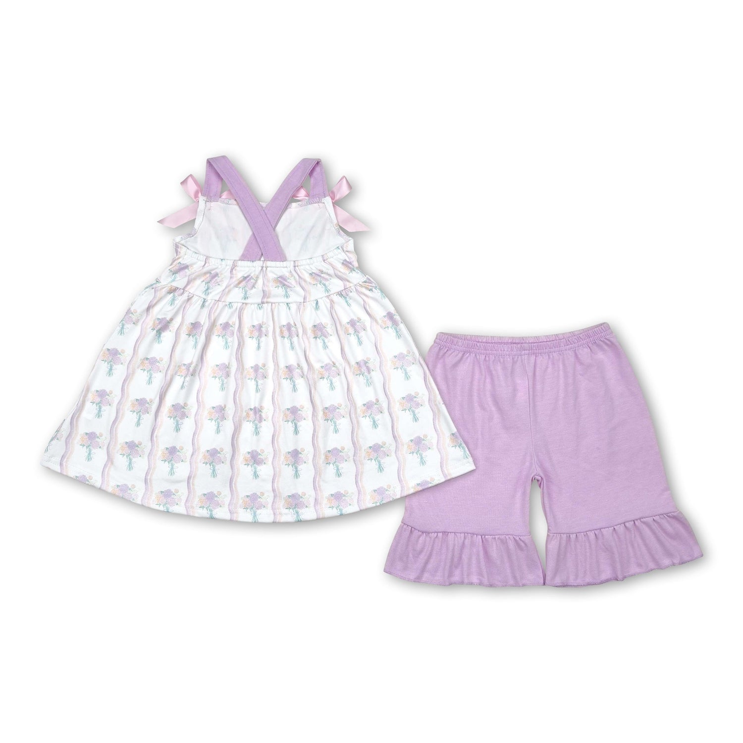 Straps bow floral tunic ruffle shorts girls outfits