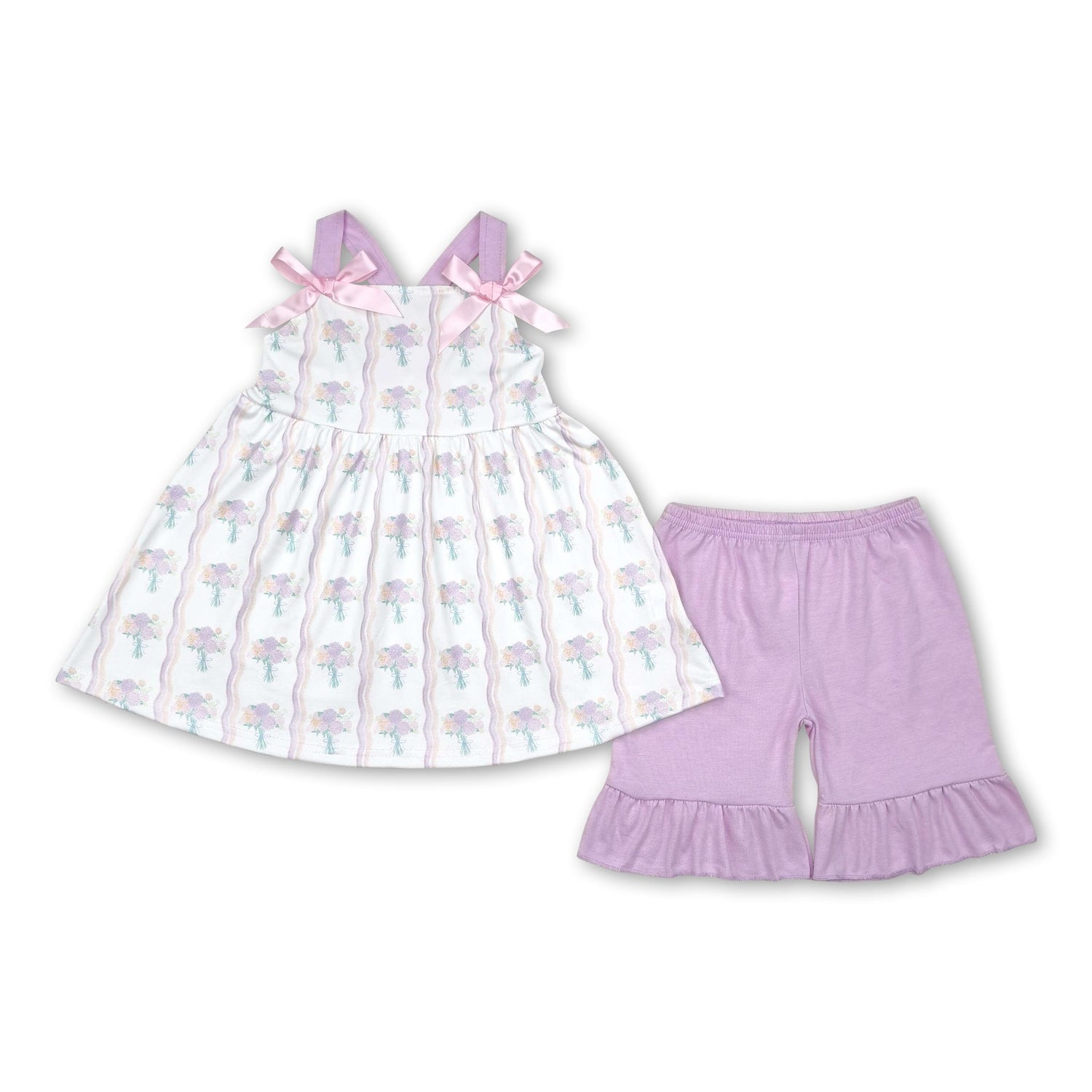 Straps bow floral tunic ruffle shorts girls outfits