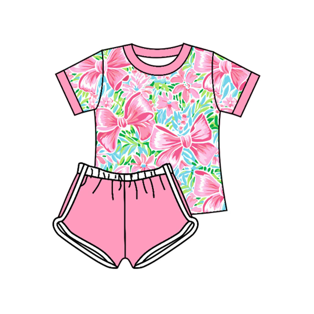 Short sleeves floral bow pink shorts girls summer clothes