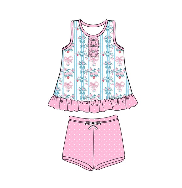 Sleeveless floral bow ruffle top polka dots shorts girls clothes