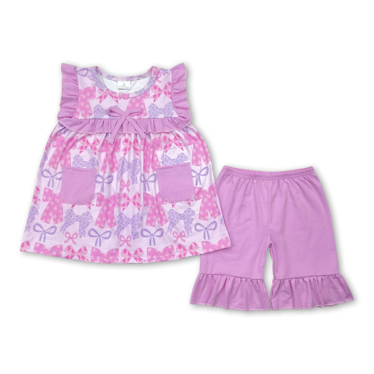 Lavender ruffle pockets floral bow baby girls clothing set