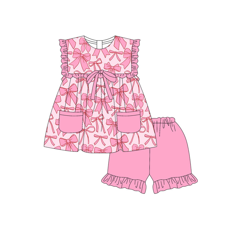 Pink ruffle pockets bow baby girls clothing set