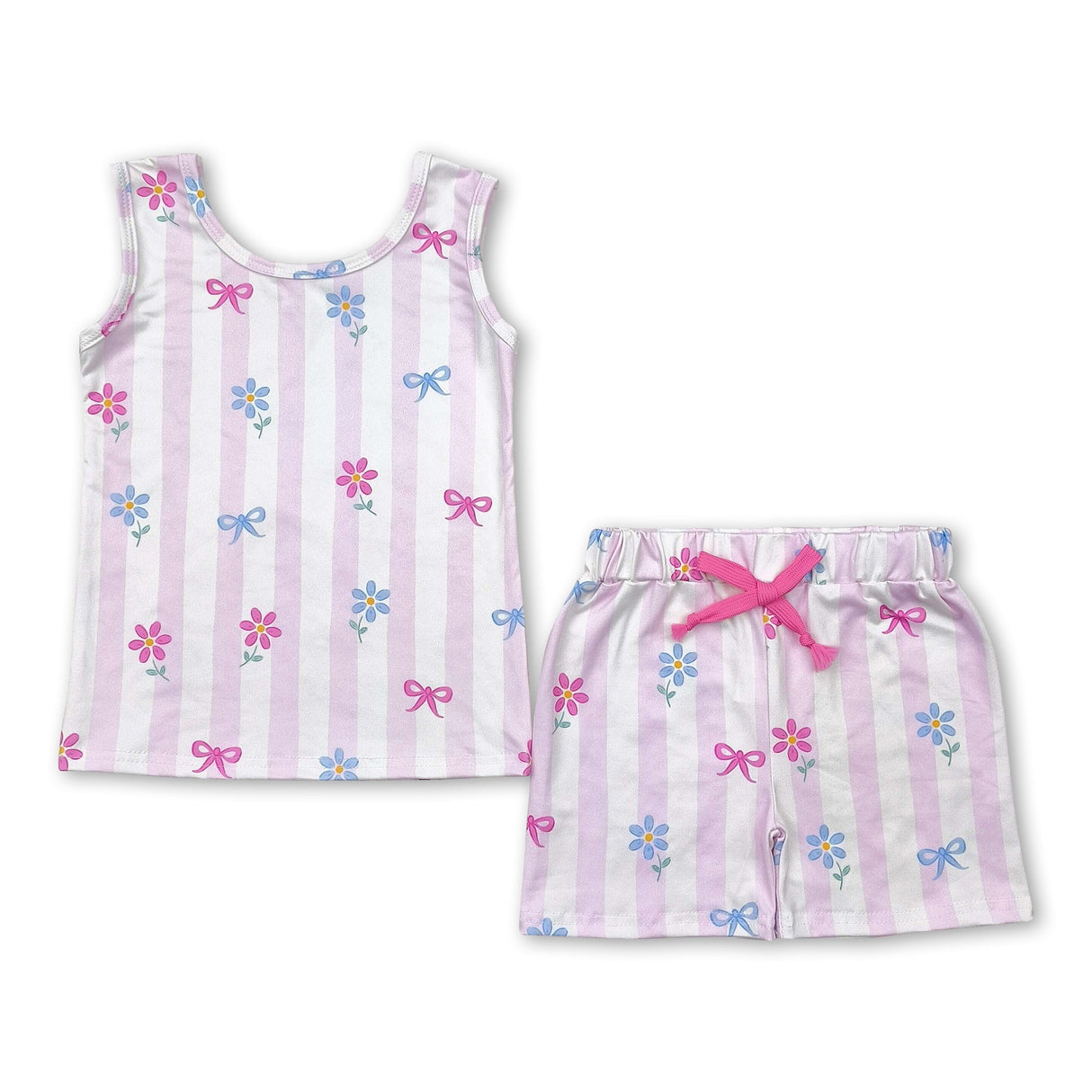 Sleeveless pink stripe bow floral kids girls summer clothes
